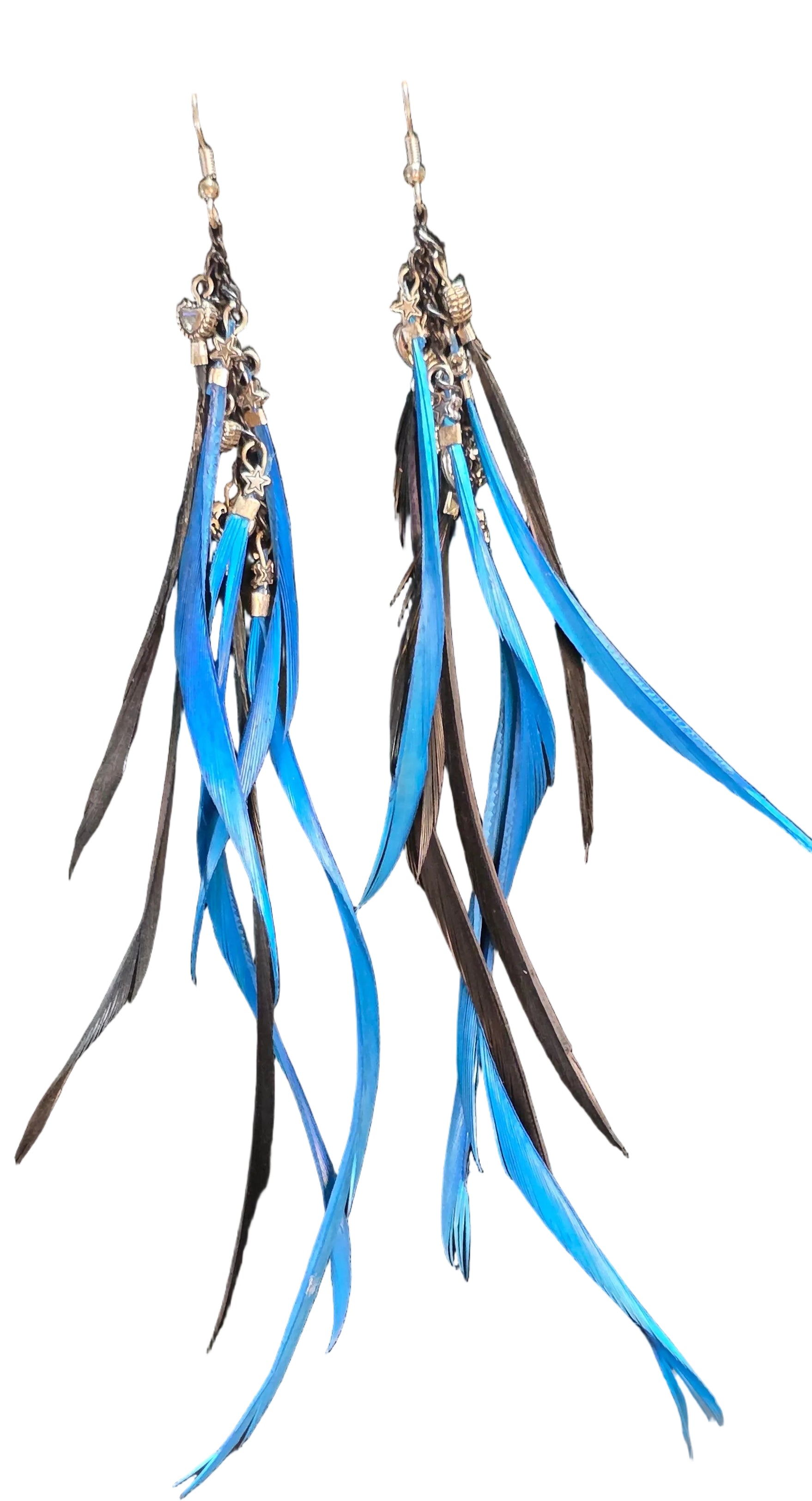 Long blue and black feather earings  with silver accents