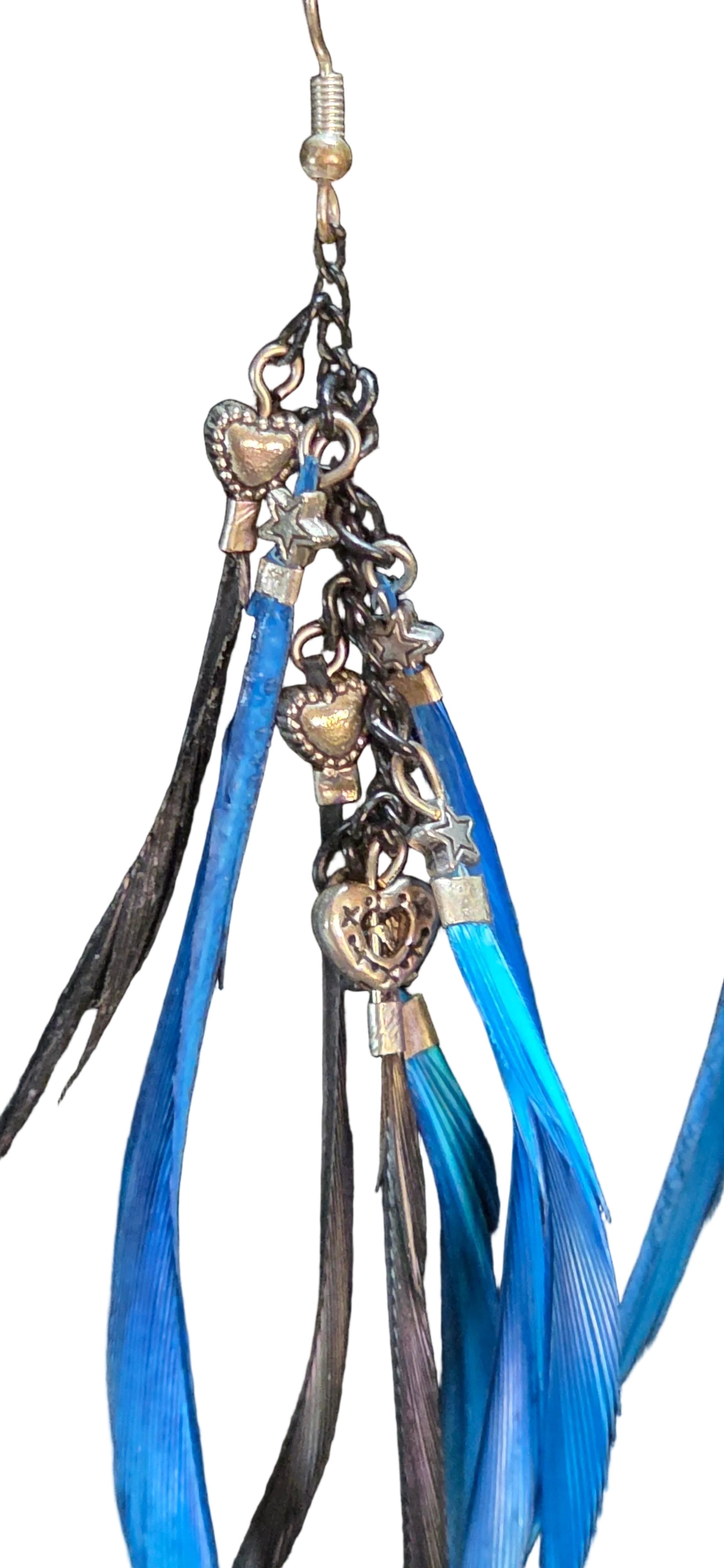 Long blue and black feather earings  with silver accents