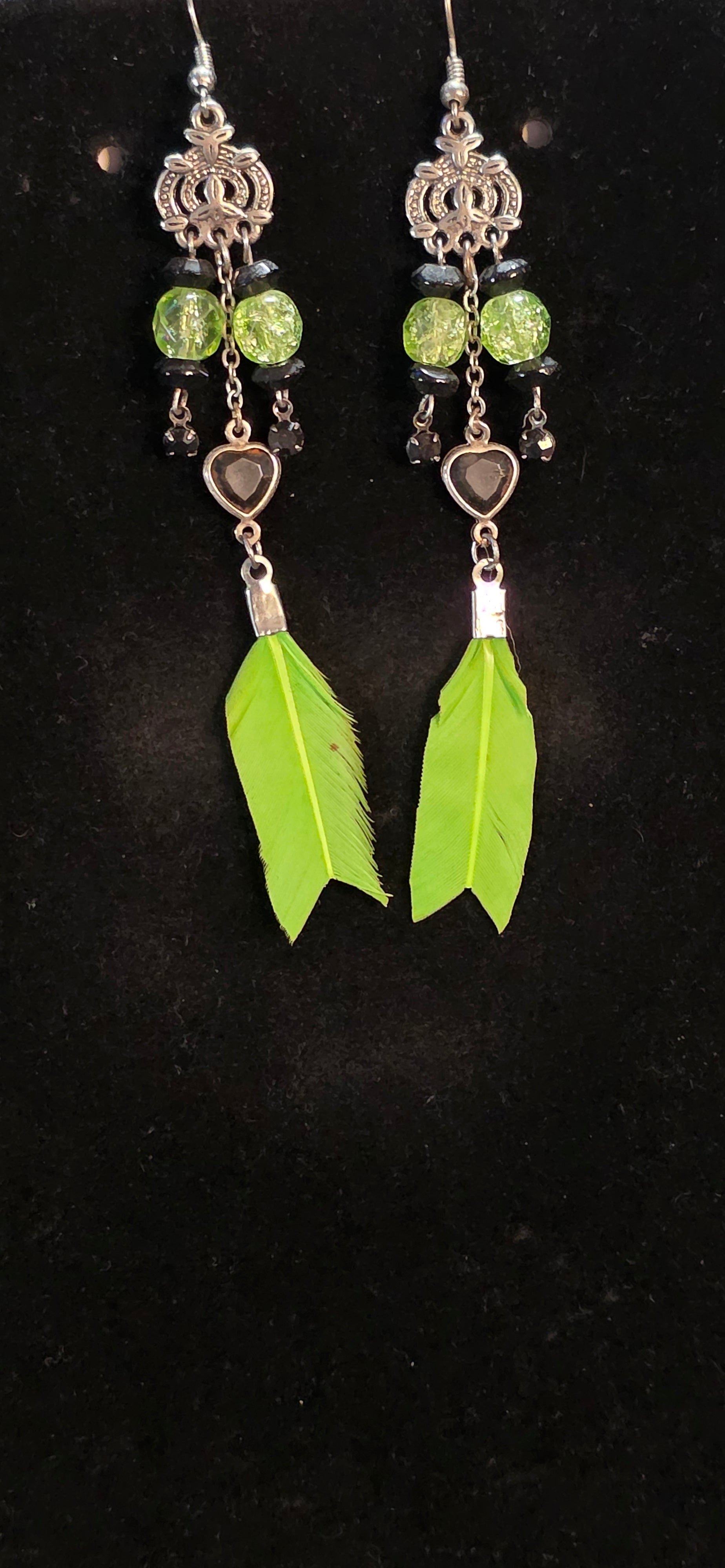 Black and bright lime green feather earings