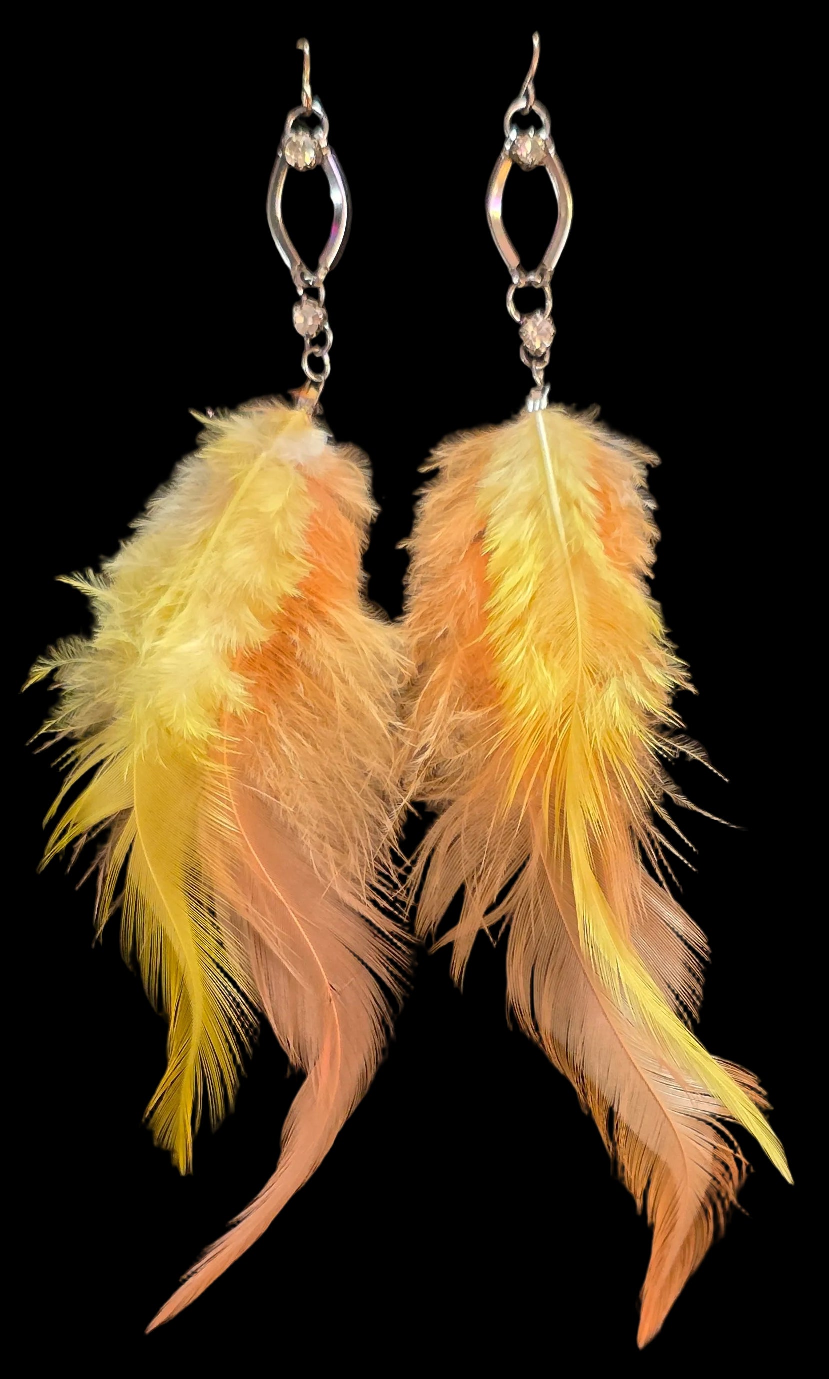 Yellow and orange light weight feather earings  with silver and rinestone accents