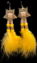 Fun yellow feather earings with gold concho accents