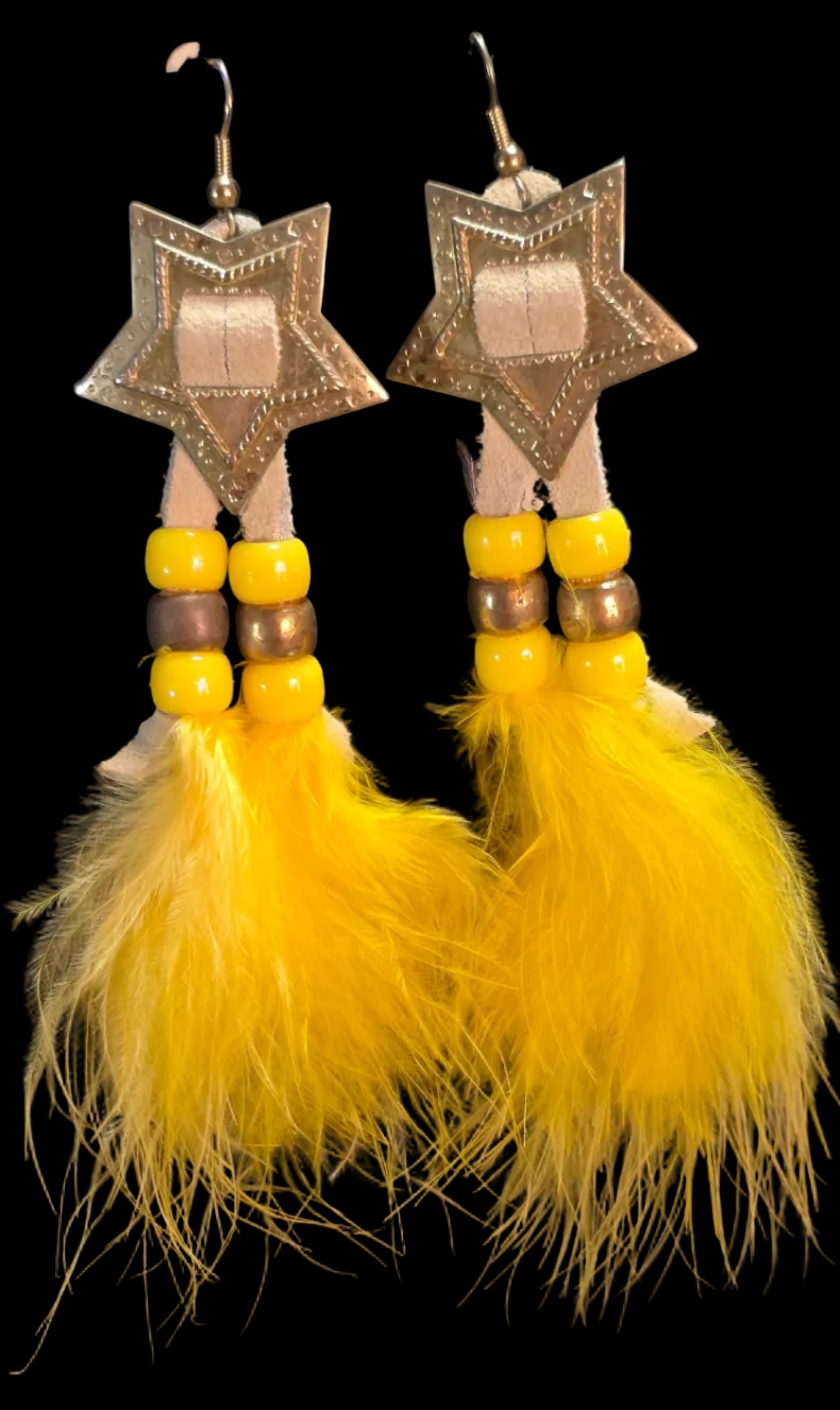 Fun yellow feather earings with gold concho accents