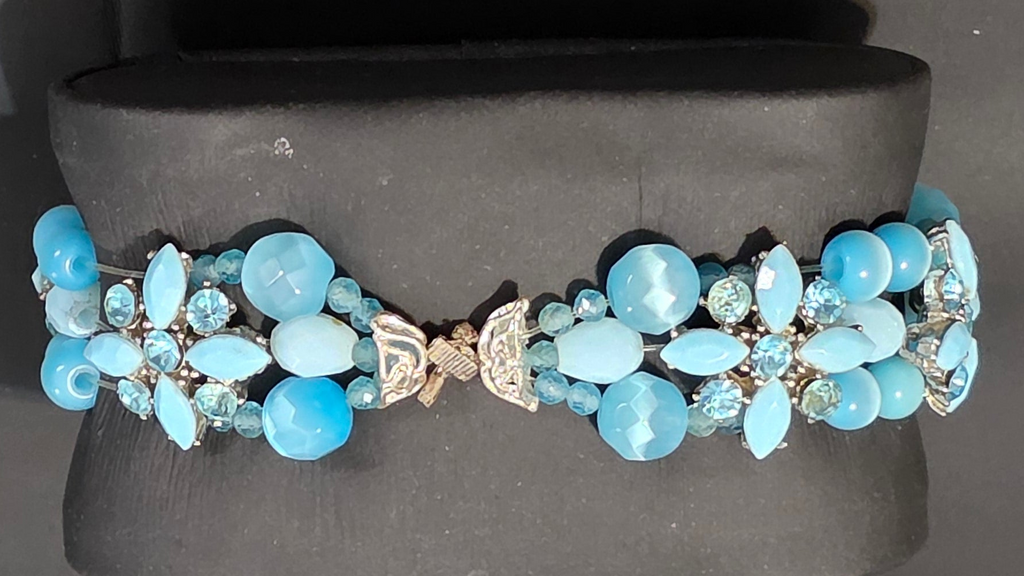 Sky blueglass bead with rhinestone pendent accents